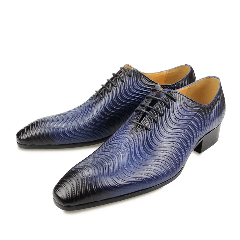 Men Shoes  Ox Shoe Leather Handmade Black Blue Prints  Up Pointed Toe Wedding Of - £162.68 GBP