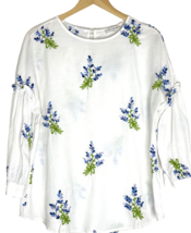 Ces Femme Boutique Peasant Top Size Large White Embroidered Blue Floral Blouse - £13.22 GBP