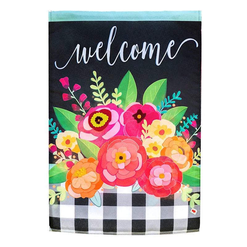 Welcome Floral Buffalo Check Decorative Garden Flag-2 Sided Message, 12.5&quot; x 18&quot; - £16.11 GBP