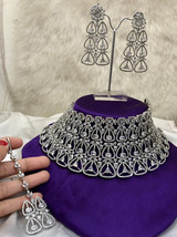 Bollywood Style Indian 925 Silver Plated CZ AD Big Choker Necklace Jewelry Set - £265.72 GBP