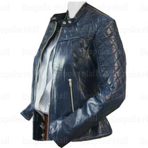 New Handmade Woman Blue Diamond Quilted Genuine Cowhide Biker Leather Ja... - $179.99+