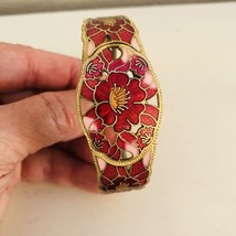 Vintage Cloisonné Red and Pink Bracelet Flower Enamel Hinged 80s - £11.01 GBP