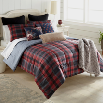 Donna Sharp Tartan Red Plaid Lodge Cozy Cabin King Comforter Set &amp; Bear Pillow - £47.57 GBP