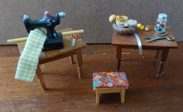 Vintage Dollhouse Miniature Wooden Sewing Machine and Table with Stool - $46.56