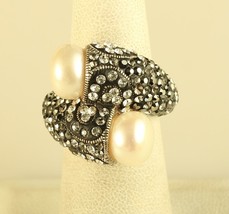 Vintage Sterling 925 CFJ Thailand cable pearl marcasite crossover large ring - £59.35 GBP