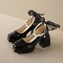 Elegant Pearl Ankle Strap Party Shoes for Women Sweet Silk Bow High Heels Pumps  - £30.77 GBP