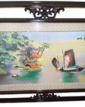 Vintage Asian Landscape Framed Art Sailing Boats Ornate Wood Frame 32.75” image 3