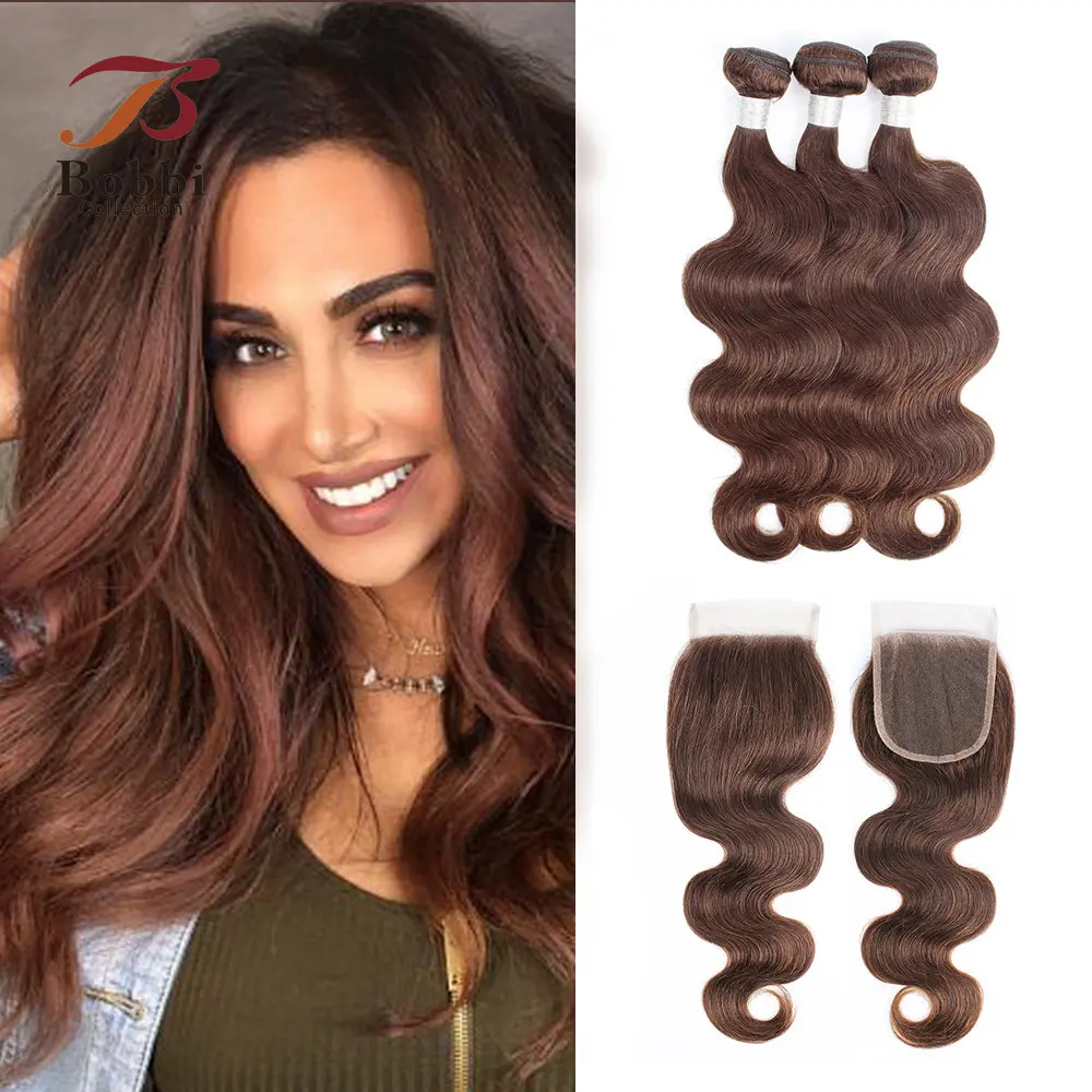 Chocolate Brown Body Wave 2/3 Bundles with Closure Transparent 4x4 Lace Remy - £54.71 GBP+