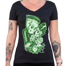 Strange Love Frankenstein &amp; Bride V-Neck Tee Black Market Art T-shirt S-... - £19.98 GBP
