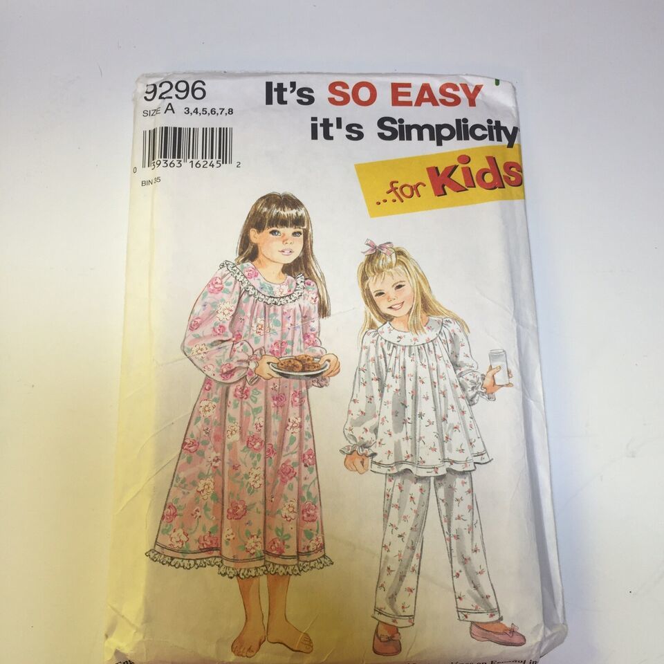 Simplicity 9296 Size 3-8 Girls Nightgown and Pajamas - $12.86