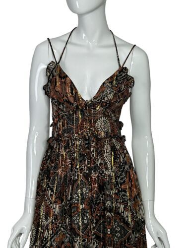 Primary image for Zara Printed Dress Brown & Gold Women's Size XS Midi Sleeveless V-Neck NEW