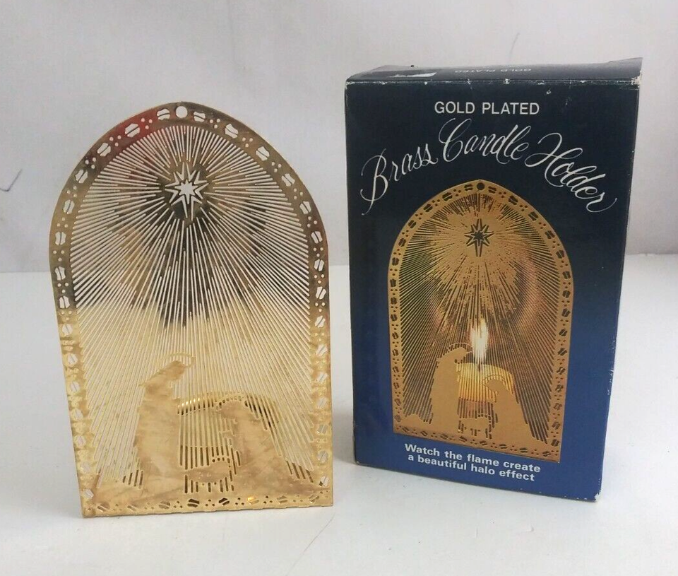 Vintage Giftco Gold Plated Brass Votive Candle Holder Christmas Nativity... - $5.89