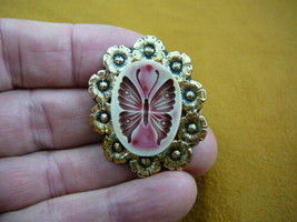 (cred-33) Butterfly ivory red oval CAMEO daisy flower trim brass Pin Pendant - £24.02 GBP