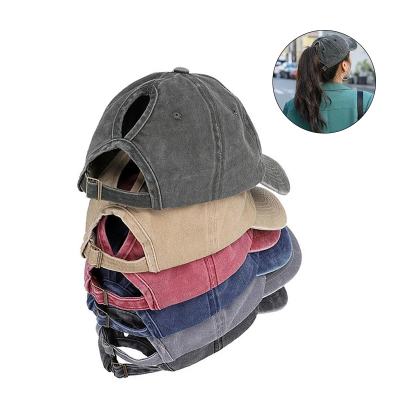  ponytail baseball cap women girls pure color soft washed cotton summer woman hat messy thumb200