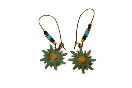 Boho Sun Earrings with Turquoise Aged Patina, Gift for Girls, Bohemian Jewellery - £11.99 GBP