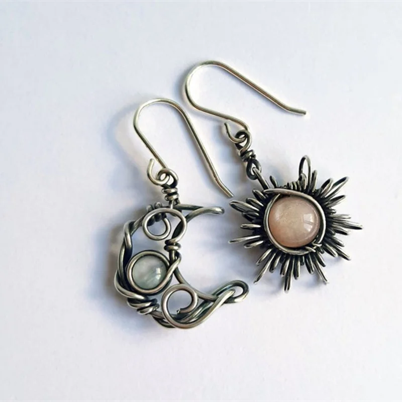 Bohemia Sun and Moon Earrings Silver Color Crystal Drop Earrings Women Female Bo - £11.32 GBP