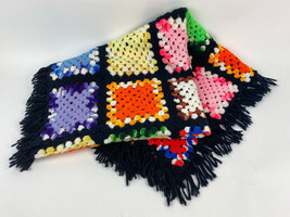 Black Multicolor Granny Square Afghan Handmade Crochet Blanket Throw 36x54&quot; - £19.39 GBP
