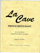 La Cave French Restaurant Menu Bradenton Beach Florida  - £16.86 GBP