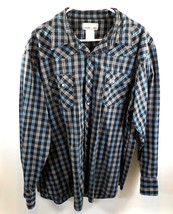 Wrangler Rancher Flannel Shirt Mens XXL Black White Blue Plaid Pearl Snap - £14.36 GBP