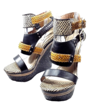 Women Wedge Heel Sandal Size 8 MOSSIMO Black Tan Strappy Tebbe Woven Wak... - $19.99