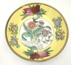 Copper Encased Decorative Porcelain Bowl Yellow with Pink Flowers 6&quot; Wall Decor - £7.90 GBP