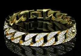 Mens Iced Cuban Link Bracelet Cz 14k Gold Plated Hip Hop Statement Fashion - £6.54 GBP+