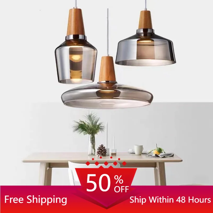 Gray Glass Pendant Light Kitchen Restaurant Decoration Hanging Lamp Wooden - $42.21+