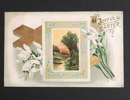 A Joyful Easter Holy Cross Spring Flowers Gold Embossed Antique Postcard 1910 - £3.92 GBP