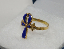 Egyptian Blue Ankh Cross Key of Life Ring Gold 18K Stamped Pharaonic 2 Gr  - £214.84 GBP