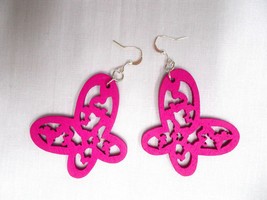 Hot Pink Cut Out Open Wing Butterfly Silhouette Wooden Dangling Insect Earrings - £4.71 GBP