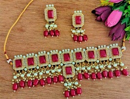 Gold Plated Indian Bollywood Bridal Jewelry Kundan Red Necklace Earrings Pearl - £30.04 GBP