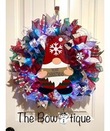 Christmas Snowflake Gnome Holiday Ribbon Door Wreath Handmade 22 ins LED... - £67.86 GBP