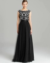 Aidan Mattox Embroidered Bodice Mesh Ballgown Dress Sz 8 Black - £93.54 GBP