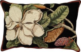 Throw Pillow Needlepoint Magnolia 18x28 28x18 Wool Cotton Velvet Back Removable - £270.93 GBP