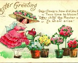 Easter Greeting Watering Flowers Poem Big Hat Embossed DB Postcard E3 - $9.85