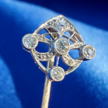 Earth mined Diamond Deco Pin 1920s Gatsby era Antique Platinum 14k gold Filigree - $1,230.25