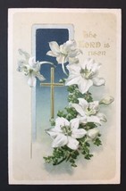 The Lord is Risen Easter Greeting Card Embossed White Flowers &amp; Cross Ge... - £6.41 GBP