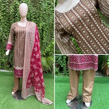 Pakistani Chunri Print Light Brown Straight Shirt 3-PCS Lawn dress  ,XL - £45.58 GBP