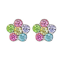 Tiny Colorful Cubic Zirconia Flower on 925 Silver Stud Earrings - Blue Center - $10.29