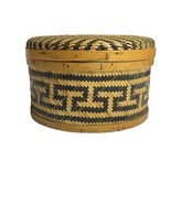 Vintage Early Chinese Bamboo Woven Basket with Lid Black Geometric Detai... - £31.39 GBP