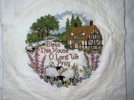 Completed Finished Cross Stitch Bless This House O Lord We Pray 9” Sheep FLAW - $23.75