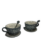 Temptations by Tara Soup Mug Floral Lace Grey 22oz 3pc set w/ Spoon Sauc... - $25.74