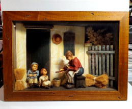 Vintage Wooden Diorama Shadowbox Mom Feeding Kids Poverty Scene Folk Art Picture - $74.44