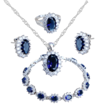 Anyco Jewelry Set 4Pcs Blue Halo Style Zircon 925 Silver Floral - $64.90+
