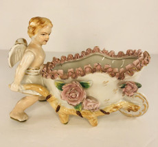vtg Royal Bone China Lace Angel /cherub pushing wheelbarrow figurine foil tag - £38.91 GBP