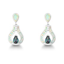 Sterling Silver White Inlay Opal Teardrop with Center Rainbow CZ Earrings - £74.37 GBP
