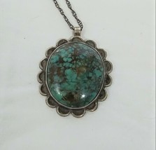 Native American Dark Green Turquoise With Brown Matrix Sterling Necklace - $166.32
