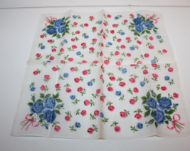 VTG Linens Handkerchief Roses Floral Pattern Rare Blue Rose w Pink Ribbon MCM - £29.54 GBP