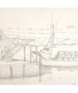 1960-70s Original Art Pencil Drawing Maine Harbor Boat OOAK Unsigned DWWW14 - $68.37 CAD
