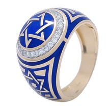 14К Yellow Gold Star of David Ring with Blue Enamel and 28 Diamonds Jewish Gift - £1,783.05 GBP